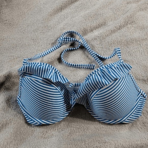 aerie Other - Blue White Striped Ruffle Halter Bikini Top Underwire Molded Cup Swimwear Womens